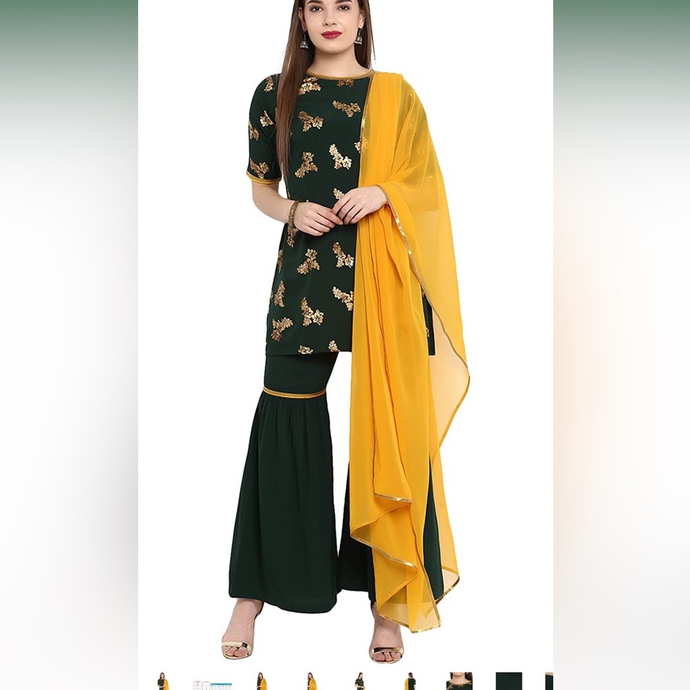 Janasya Indian Women's Dark Green Kurti with Sharara with Dupatta (worn once)